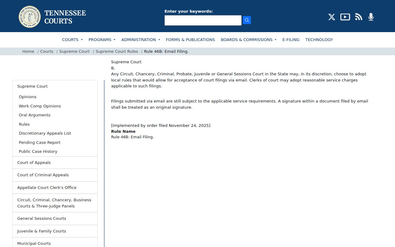 Tennessee Rule 46B official email filing page