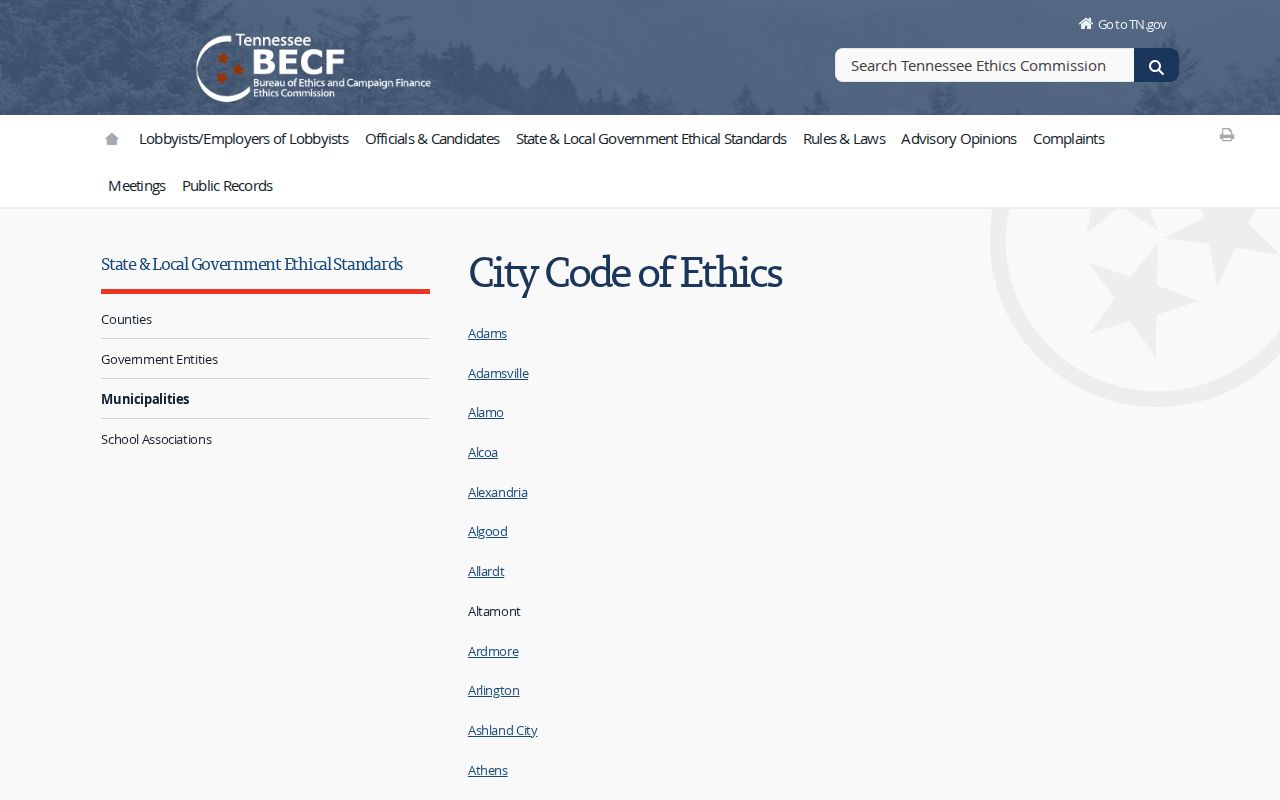 Official Tennessee municipal roster identifying incorporated cities