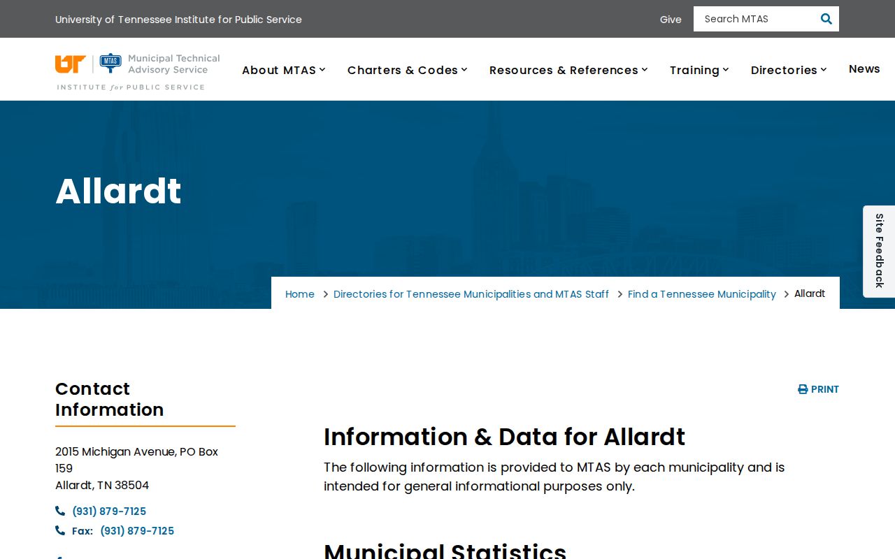 Official MTAS municipal directory entry for Allardt Tennessee