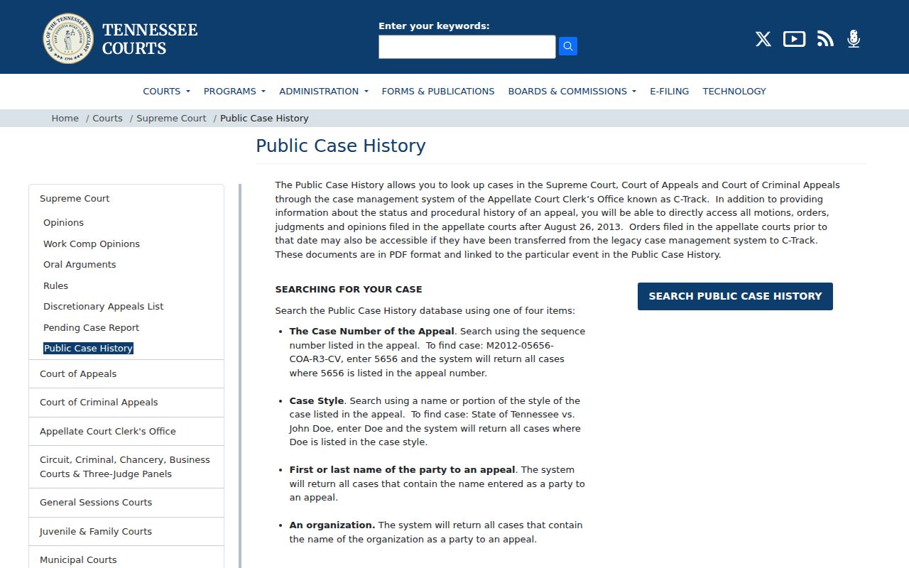 Tennessee AOC explanation of Public Case History coverage