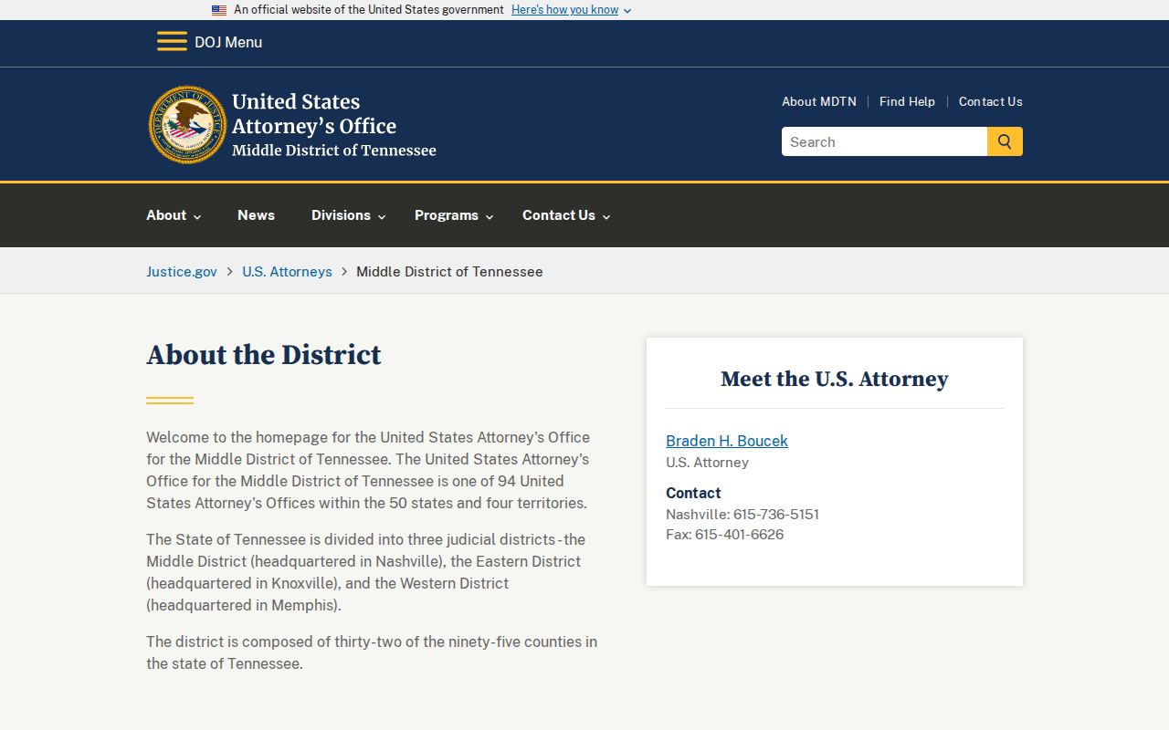 United States Attorney's Office for the Middle District of Tennessee official page