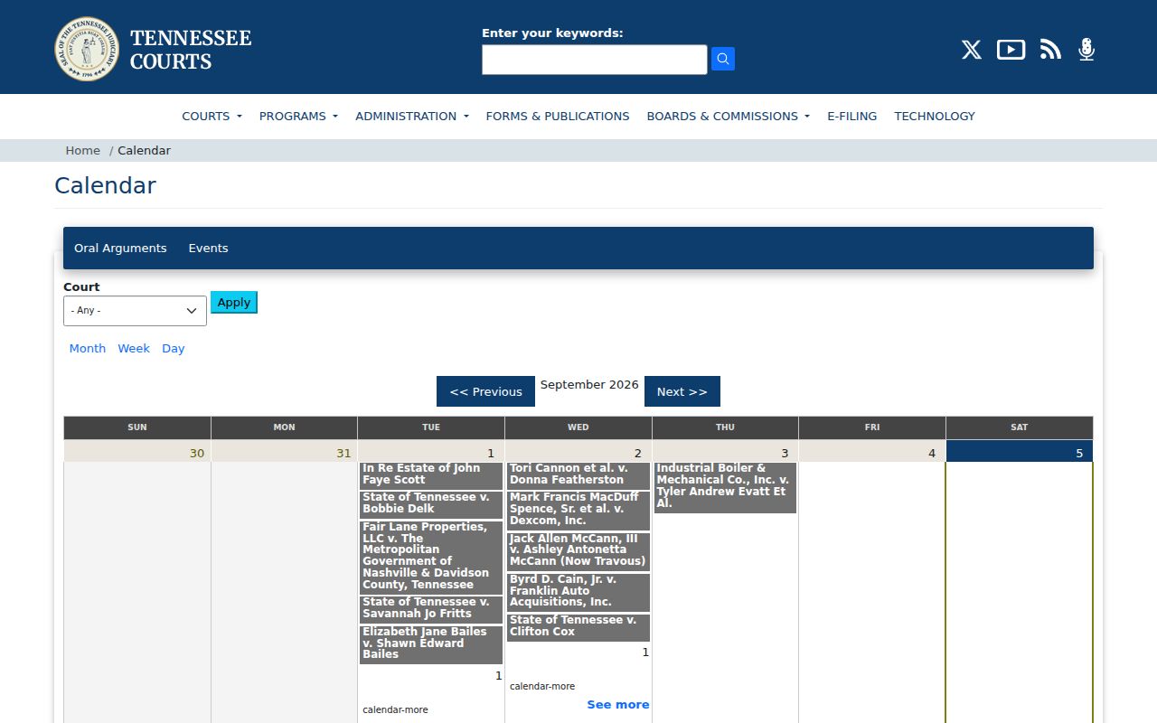 Tennessee AOC state court calendar controls