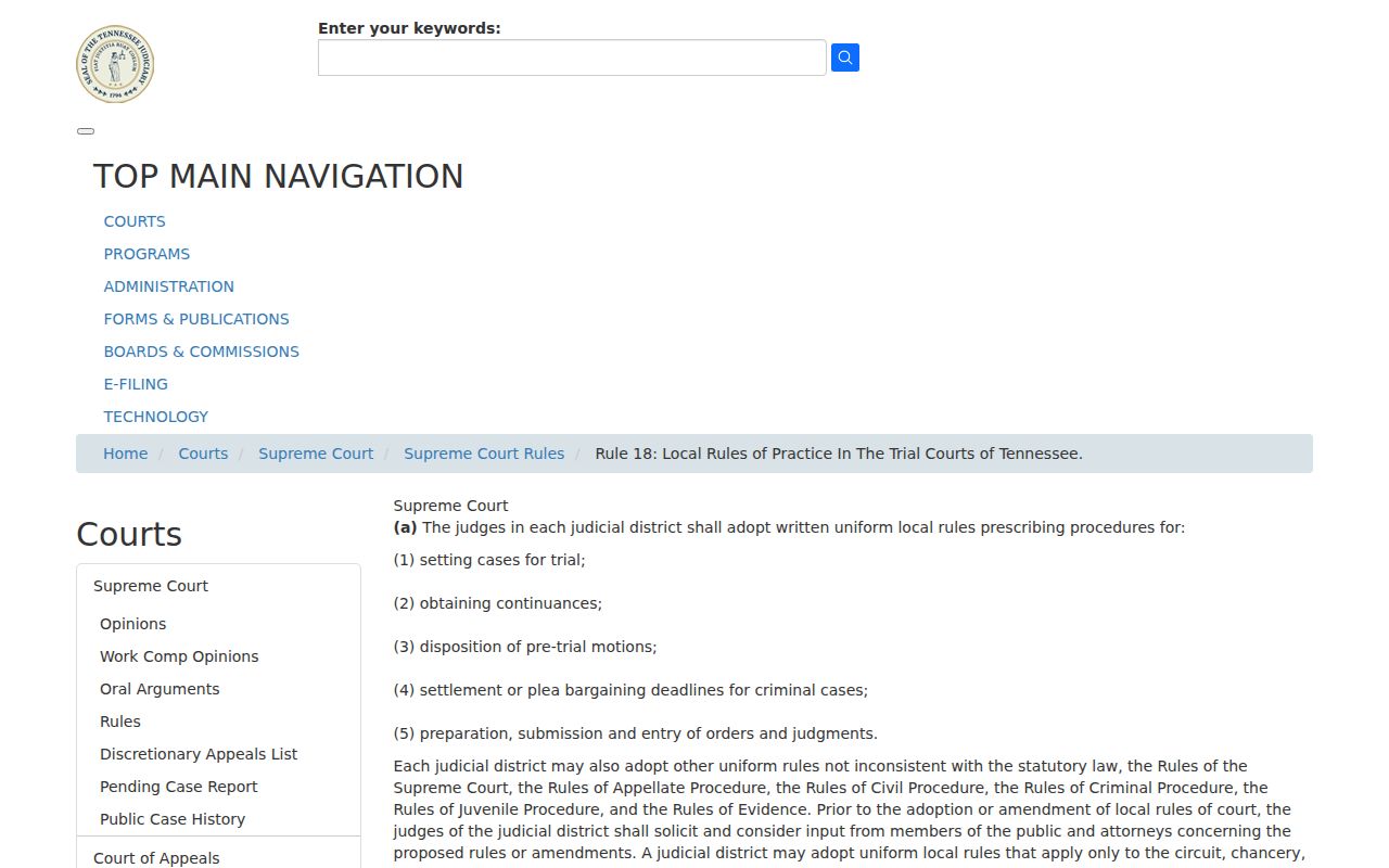 Tennessee Supreme Court Rule 18 local trial court rules page