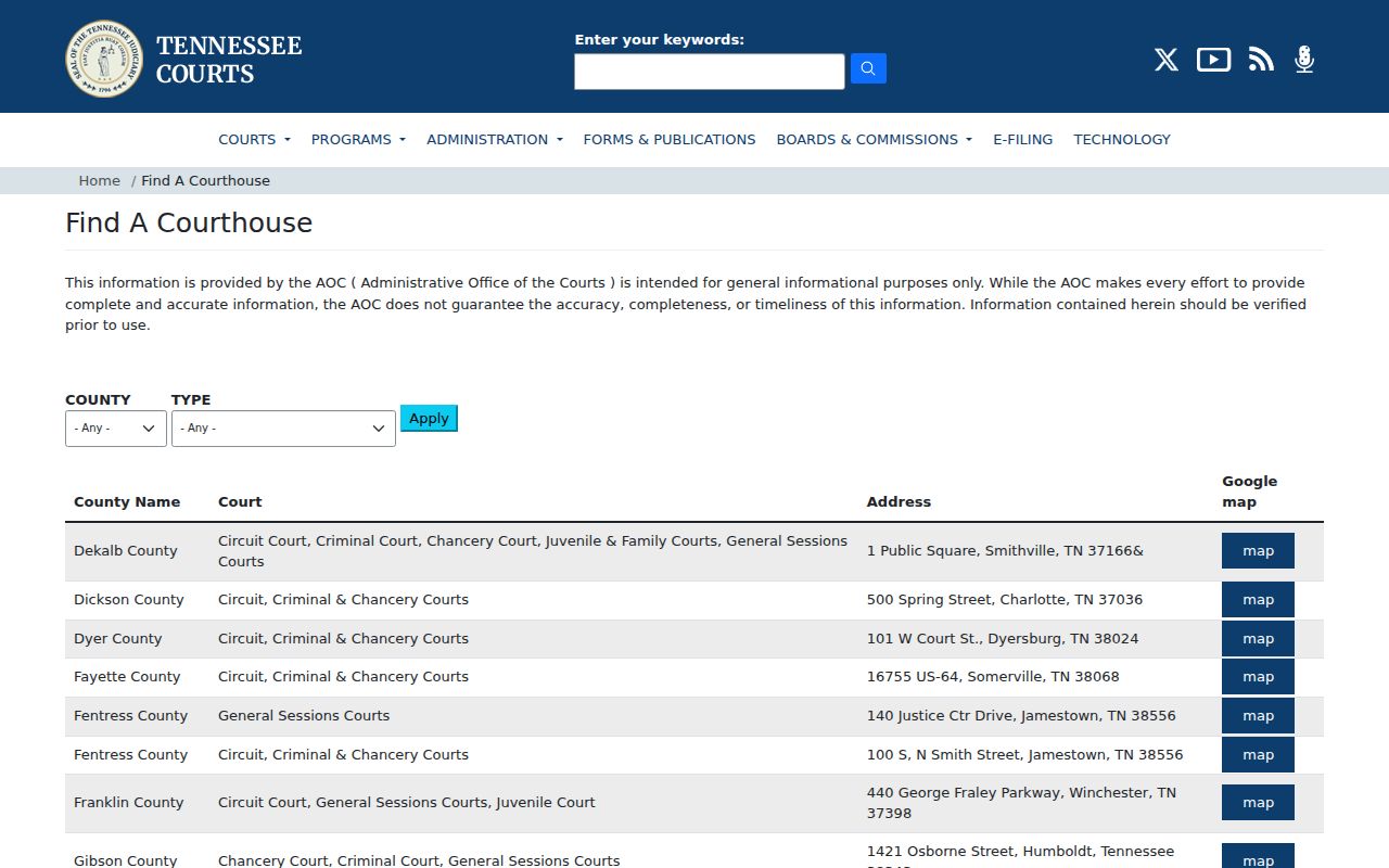 Fentress County criminal court docket courthouse directory