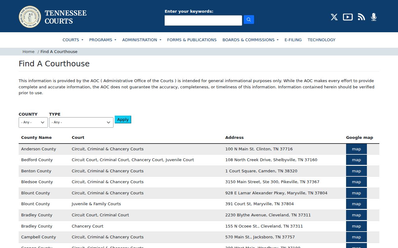 Fentress County court docket AOC courthouse directory search