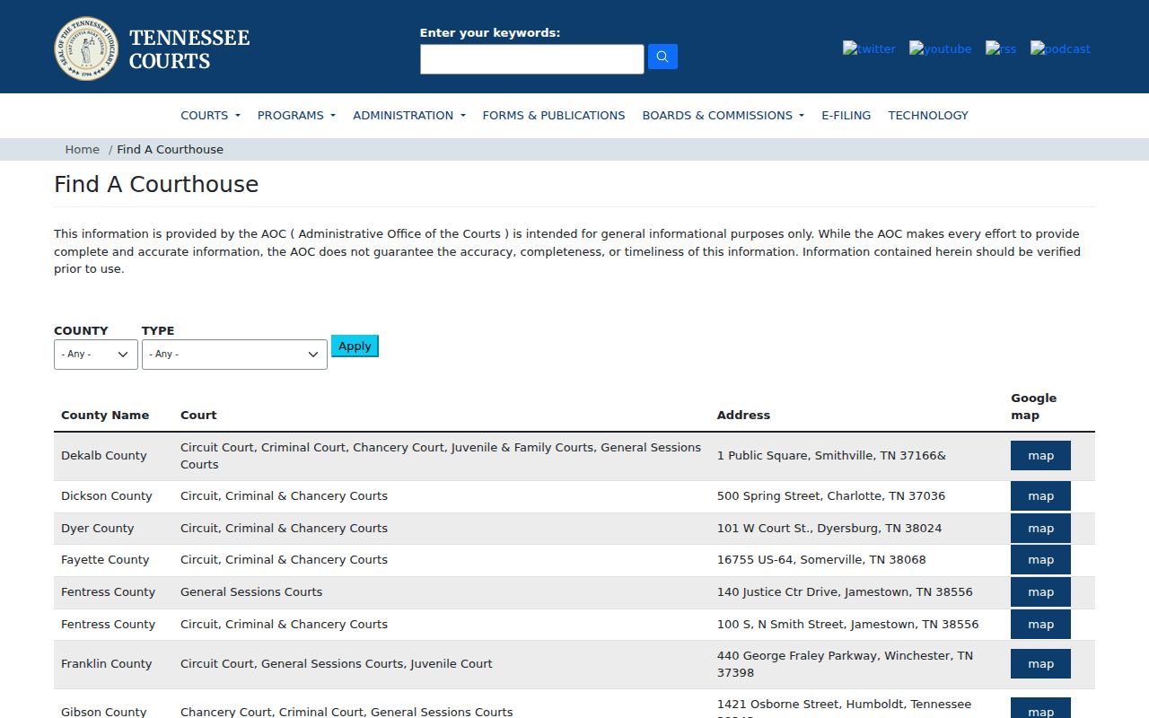 Fentress County court docket courthouse search results