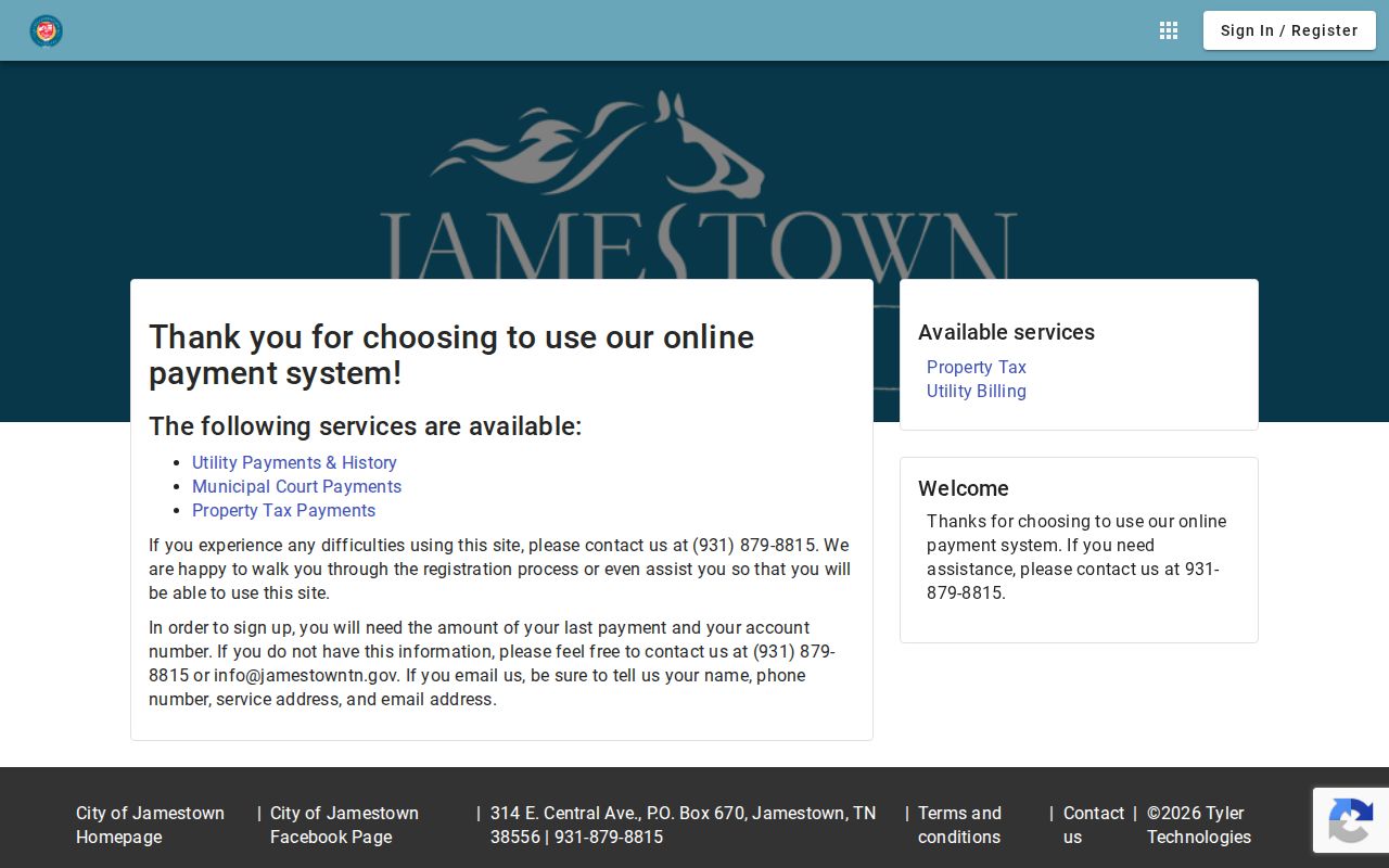 Jamestown court records payment category on the municipal services portal